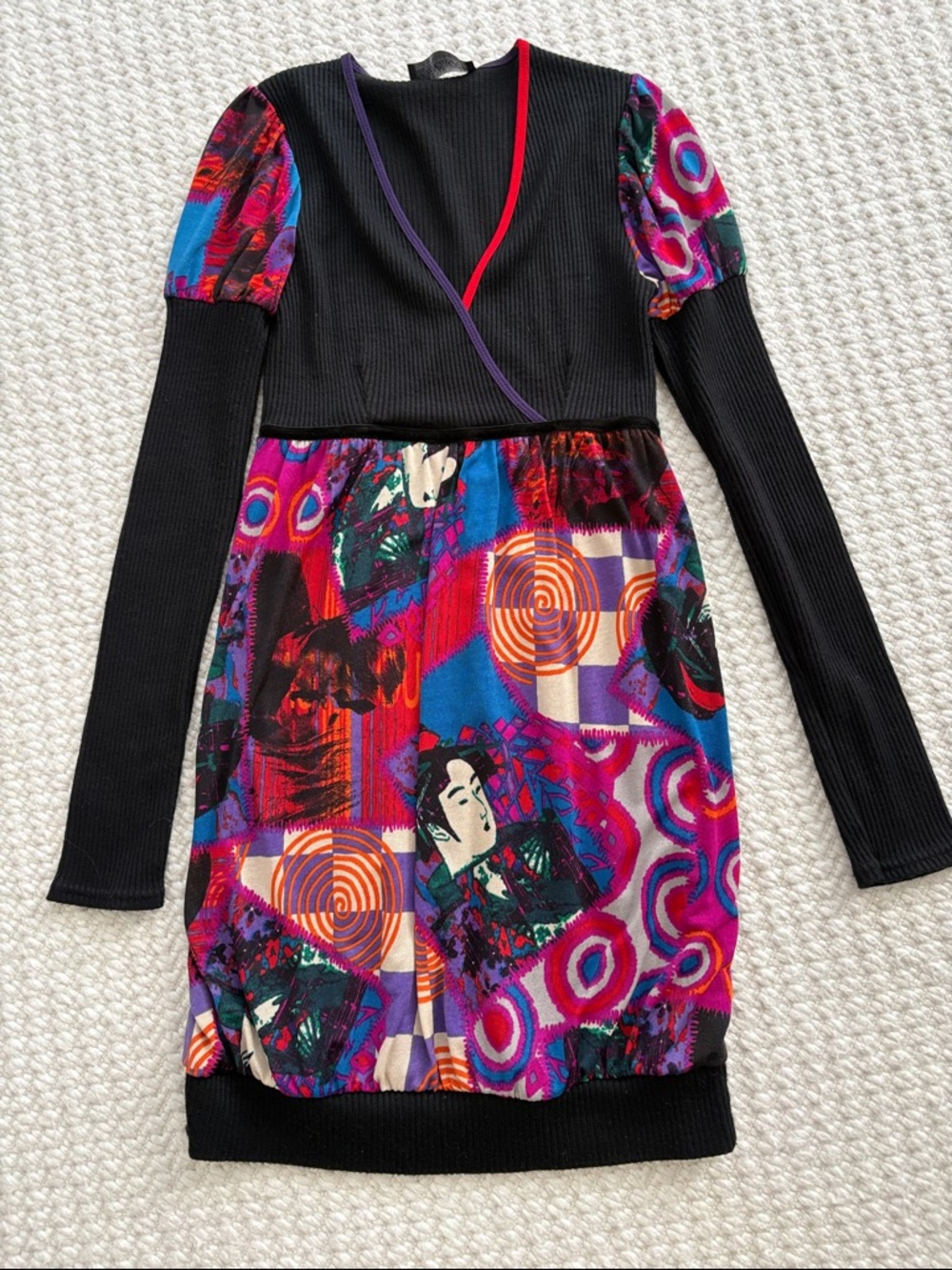 Lu Lu Fl’h Black Multicolor Long Sleeve Wrap-Style Women's Dress S